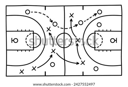 Basketball strategy field, game tactic chalkboard template. Hand drawn basketball game scheme, learning blackboard, sport plan vector illustration. Royalty-Free Stock Photo #2427552497