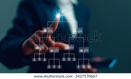 Organization chart on the virtual interface screen. Business process and workflow automation with flowchart. Hierarchical structure of teams and employees in the company.