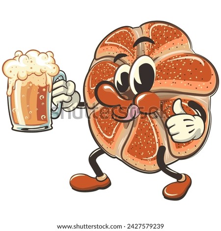 vector isolated clip art illustration of cute bagel rolls mascot raising a large beer glass while giving a thumbs up, work of handmade