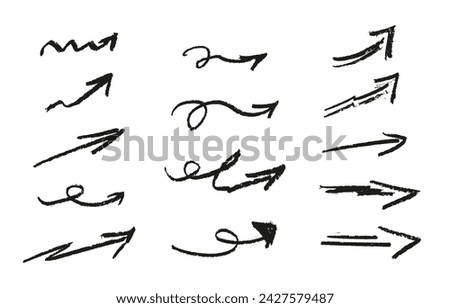 Set of charcoal arrows. Hand-drawn textural symbols with rough edges. Splattered signs collection, doodle clip art. Vector abstract brush elements. Decorative marker and acrylic drawing.