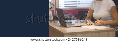 Banner Businesswoman hands type on laptop writing on notebook meeting at office desk. Banner Asian Woman Hands write planning office laptop. Female hand holding pen plan business with copy space