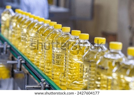 Oil in bottles. Industrial production of sunflower oil. Conveyor line for bottling and packing. Sunflower oil plant. Bottle of oil on packing line. 