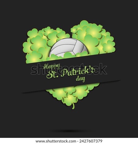 Happy St. Patricks day. Volleyball ball on background heart made of clovers and shamrock. Pattern design for logo, banner, poster, greeting card. Vector illustration on isolated background