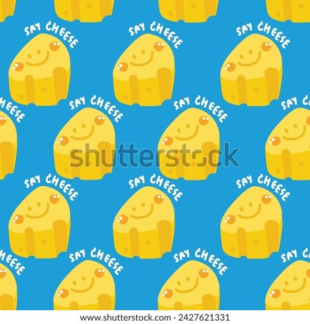 Seamless pattern of cute smile face cheese with text background.Food.Ingredient.Cartoon hand drawn.Image for card,poster,baby clothing.Kawaii.Vector.illustration. Royalty-Free Stock Photo #2427621331