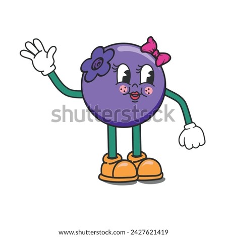 Pretty Blueberry cartoon character, waving hand, smile expression. Berry mascot wearing glove and shoes. Blueberry Groovy Retro cartoon characters for icon, mascot, logo, label, poster, banner, print