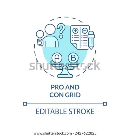 Pro and con grid soft blue concept icon. List of advantages and disadvantages. Analysis, evaluation skills. Round shape line illustration. Abstract idea. Graphic design. Easy to use in presentation
