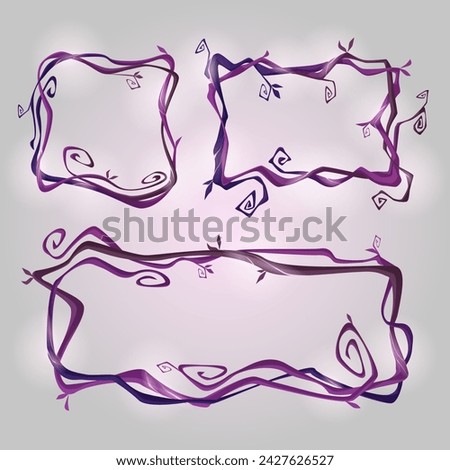 Spooky dry liana vines with glow and twisted branches in form of square, rectangle frame for game ui design. Cartoon vector illustration set of scary creepy magic jungle purple border.