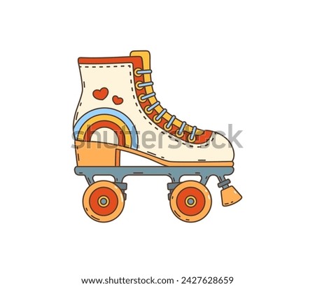 Cartoon retro groovy hippie roller skate. Isolated vector vibrant, wheeled boot, adorned with rainbow and hearts patterns. Vintage rollerblade shoe embodying free-spirited funky vibes of 60s and 70s