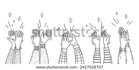 Doodle applause hands of people clapping or cheer up applauding audience, line vector. Congratulation, support and bravo greeting applause hands of applauding people in outline doodle silhouettes Royalty-Free Stock Photo #2427628767