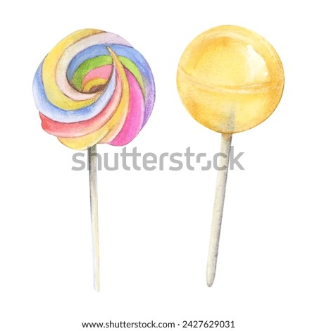 Candy lollypop stick watercolor drawing set. Sweet suckers sugar pops treat. Confection drop bonbon tea. Sugar tasty dessert decoration isolated on white background. Aquarelle isolated delisious party