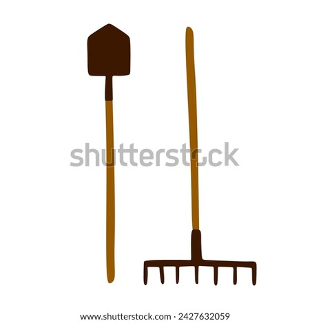 Gardening Tools Icon Flat Graphic Design. Vector Flat Rake and Shovel Illustration Isolated on white. Agriculture Equipment Objects for Card, Logotype, Clip Art, Sticker. Cartoon Digging Symbols.