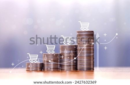 Inflation in ecommerce business growth concept Inflation rate Rising food costs and grocery prices Stacked coins with shopping cart icon with up arrow