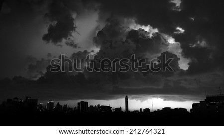 Lightning at night in Bangkok Thailand.Black and White 