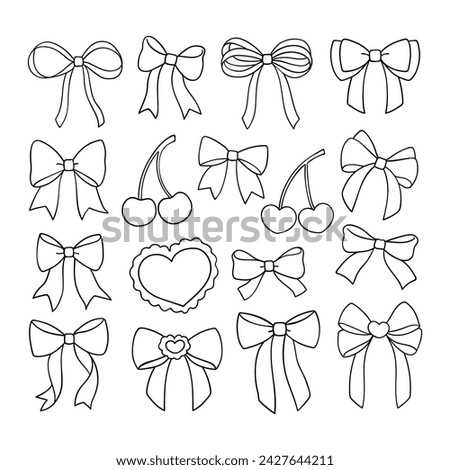 Draw vector illustration collection outline coquette bow Soft girl Trendy girly Doodle cartoon style