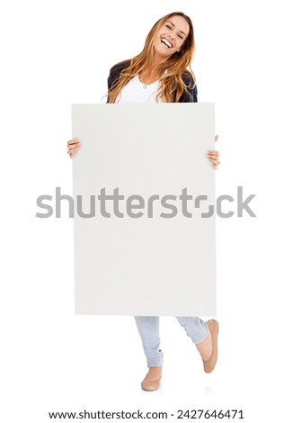 Studio, blank board and portrait of happy woman with deal info, promo or news on mockup. Signage, offer and excited girl with announcement, presentation and space on poster with white background.