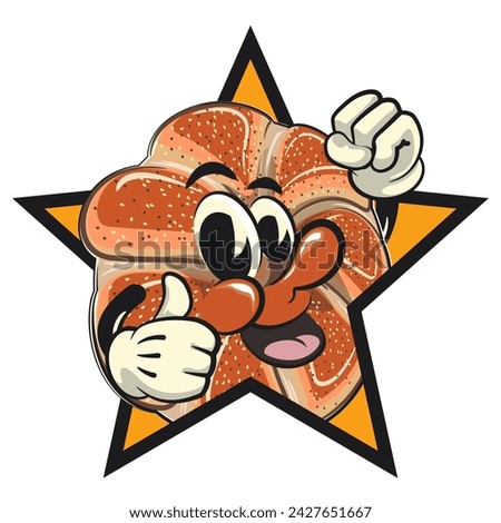 vector isolated clip art illustration of cute bagel rolls mascot out from of a star with thumbs up, work of handmade