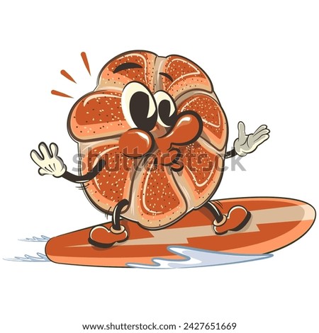 vector isolated clip art illustration of cute bagel rolls mascot surf with snowboarding, work of handmade