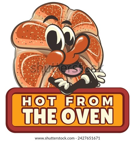 vector isolated clip art illustration of cute bagel rolls mascot carrying a sign that says hot from the oven, work of handmade