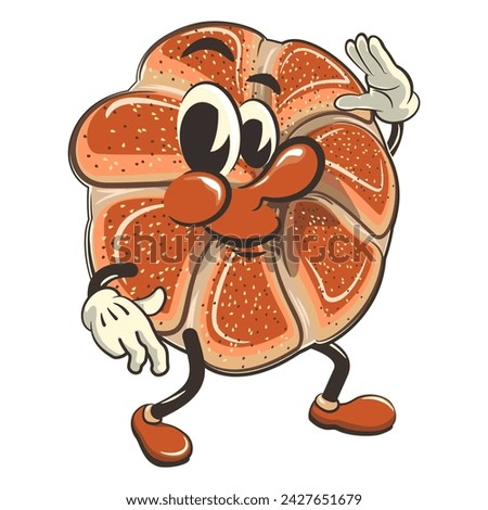 vector isolated clip art illustration of cute bagel rolls mascot dancing while waving, work of handmade