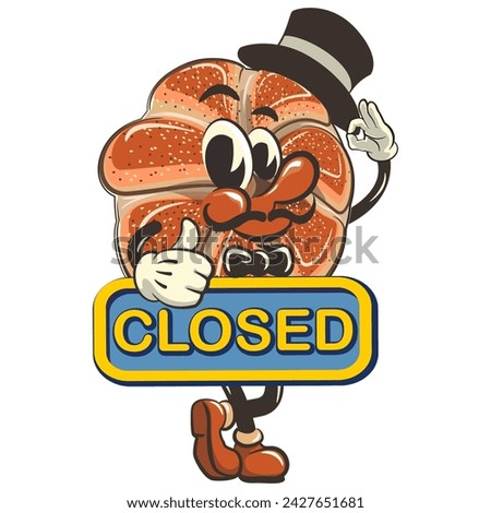 vector isolated clip art illustration of cute bagel rolls mascot carrying a sign that says closed, work of handmade