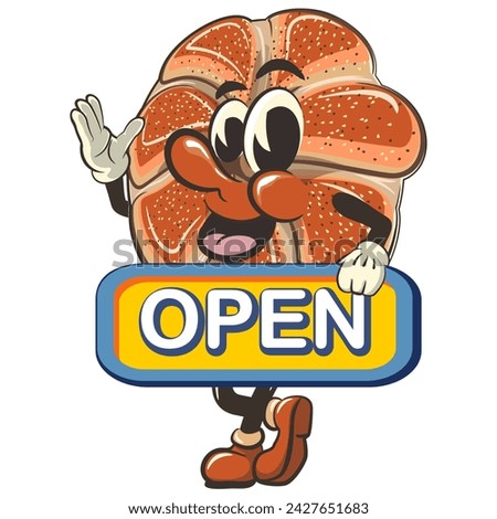 vector isolated clip art illustration of cute bagel rolls mascot carrying a sign that says open, work of handmade