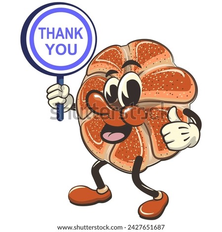 vector isolated clip art illustration of cute bagel rolls mascot carrying a sign saying thank you, work of handmade