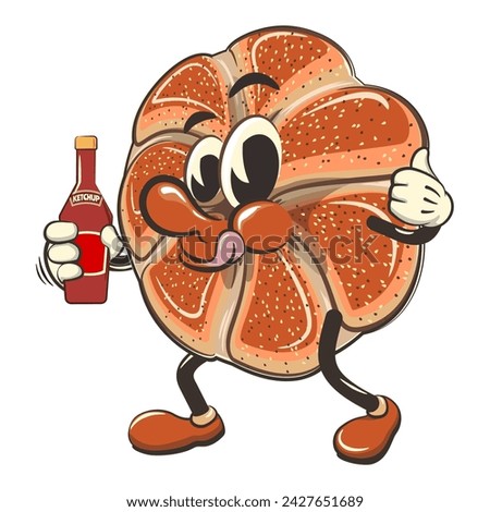vector isolated clip art illustration of cute bagel rolls mascot holding a bottle of ketchup, work of handmade