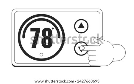 Lower temperature thermostat cartoon human hand outline illustration. Home appliance turning down 2D isolated black and white vector image. Maximize energy savings flat monochromatic drawing clip art