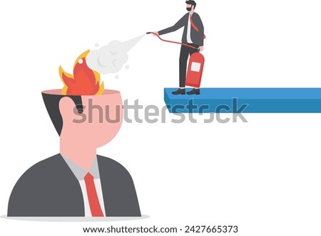 Therapy to cool down burning mind or anger, reduce burnout or mental illness, depression, cure anxiety and stress concept, man with fire extinguisher try to extinguish burning fire on human head.

 Royalty-Free Stock Photo #2427665373