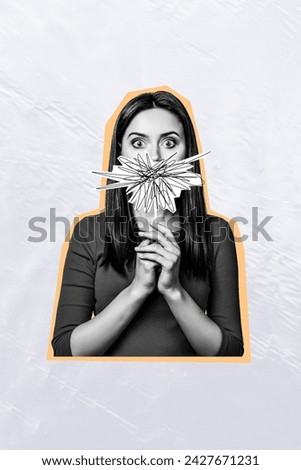 Vertical collage picture of black white colors girl arms hold painted messy stick card cover mute mouth isolated on paper background Royalty-Free Stock Photo #2427671231