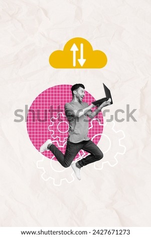 Photo sketch collage picture of funky excited guy chatting apple samsung modern device isolated graphical background