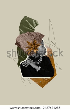 Profile side photo collage of american lady with accessories natural beauty concept and headwrap look like rock isolated on gray background