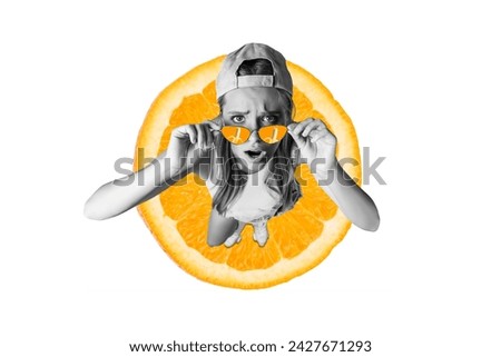 Collage image of impressed speechless mini black white effect girl stand huge half orange fruit touch sunglass look banana
