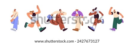 People running fast, rushing, hurrying set. Worried hectic characters late, in panic about urgent business. Anxious active busy men, women. Flat vector illustrations isolated on white background