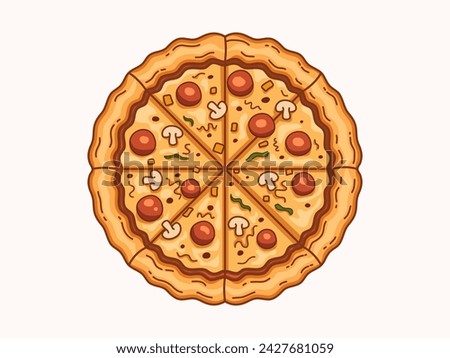 Pizza illustration clip art collection featuring a tantalizing top view of a pizza adorned with savory toppings, as well as a mouthwatering illustration of pizza in a box.