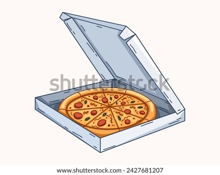 Pizza illustration clip art collection featuring a tantalizing top view of a pizza adorned with savory toppings, as well as a mouthwatering illustration of pizza in a box.