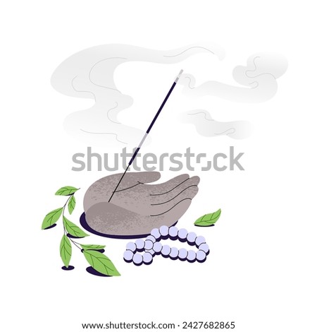 Incense burn with flow of smoke. Tea leaves, bracelet of beads. Aroma stick in holder with stone hand shape. Aromatherapy, spa. Traditional buddhist ritual. Flat isolated vector illustration on white Royalty-Free Stock Photo #2427682865