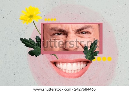Absurd puzzle caricature picture collage of toothy aggressive boyfriend angry mind bought yellow daisy isolated on gray color background