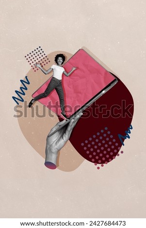 Composite collage vertical image of miniature working girl enjoy her new apple macbook with touch bar feature isolated on beige background