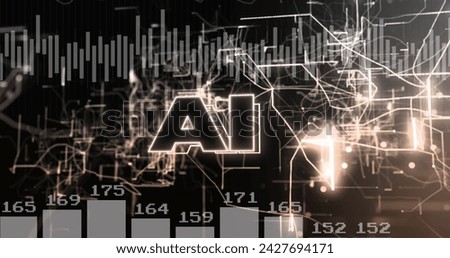 Image of ai text over data processing on black background. Social media and digital interface concept digitally generated image.