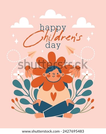 World Children's Day. Card, banner, flyer template with cartoon cute illustration with teenage girl in flower hat and sweater, kid sitting in lotus pose. Kawaii cheerful character. Flat Design.