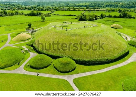 Aerial view of Knowth, the largest and most remarkable ancient monument in Ireland. Spectacular prehistoric passage tombs, part of the World Heritage Site of Bru na Boinne, valley of the River Boyne.