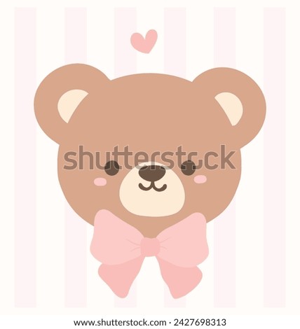 Cute coquette teddy bear face adorned with a pink ribbon bow cartoon hand drawn flat design. Royalty-Free Stock Photo #2427698313