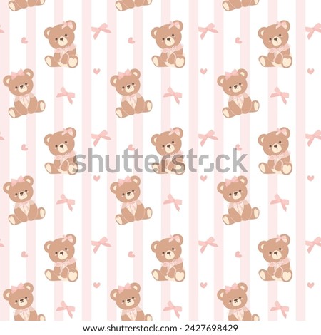 Coquette Teddy Bear with Pink Ribbon Bow Pattern. Seamless Isolated on white Background.