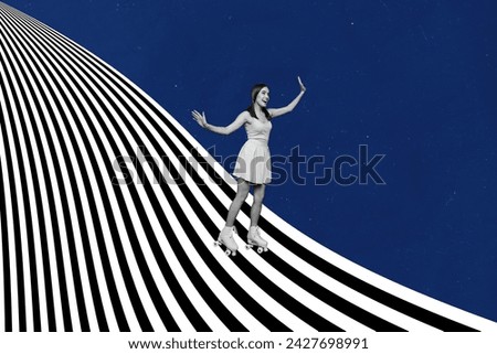 Composite collage of overjoyed cheerful black white colors girl enjoy ride rollerblades striped zebra hill isolated on creative background
