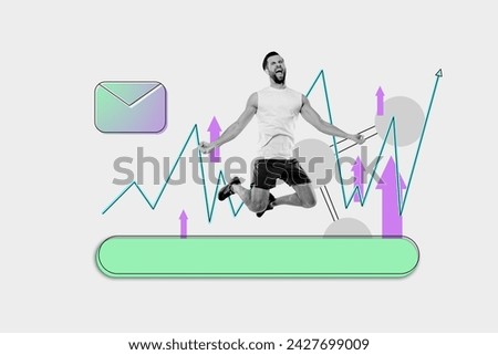 Collage photo banner of young successful businessman sports man jumping when his investments profitable isolated on white background