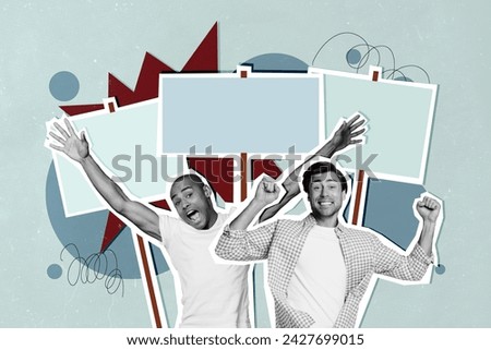 Artwork collage image of two excited black white effect guys raise hands fists protest banner sign isolated on painted background
