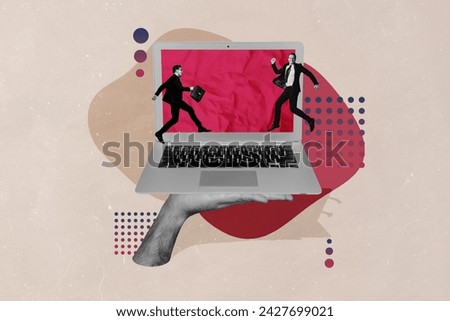 Creative banner collage of two business people colleagues working remote in trading crypto and shares isolated on beige background