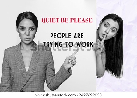 Conceptual collage with phrase people are trying to work please be quiet do not bother them isolated on pastel purple color background