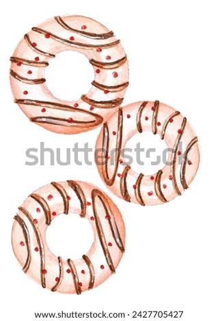 watercolor illustration of three donuts with chocolate isolated
